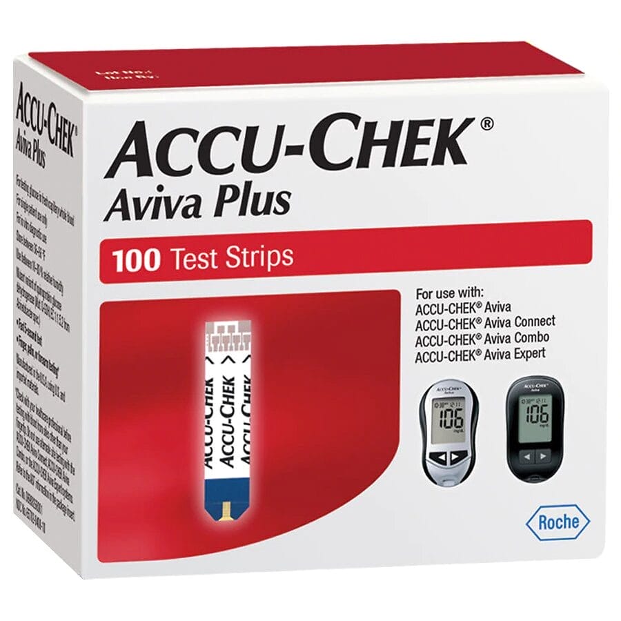 Box of ACCU-CHEK Aviva Plus with 100 test strips, suitable for use with ACCU-CHEK Aviva, Aviva Connect, Aviva Combo, and Aviva Expert meters. Box also displays images of glucose meters.