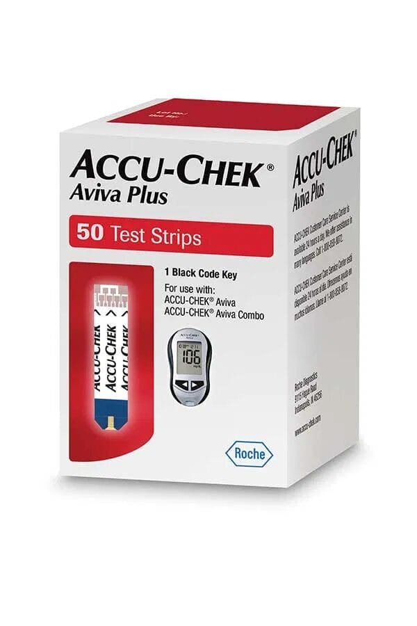 Box of Accu-Chek Aviva Plus test strips for glucose monitoring, containing 50 strips and 1 black code key. The packaging shows a sample strip and an image of a glucose meter.