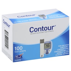 A white and blue box of Contour blood glucose test strips with 100 test strips, featuring a glucose meter showing a reading of 93 mg/dL on the front.