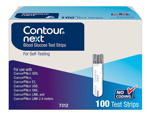 Box of Contour Next blood glucose test strips for self-testing, containing 100 test strips. The packaging mentions "No Coding" and lists compatibility with various Contour Next devices.