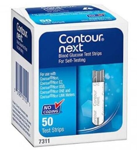 Box of Contour Next blood glucose test strips for self-testing, containing 50 strips. The product packaging is predominantly blue and white with text and branding.