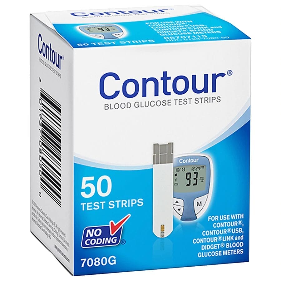 Box of Contour blood glucose test strips displaying "50 test strips" on front. Includes an image of a glucose meter showing a reading of 93 mg/dL and indicates compatibility with various Contour models.