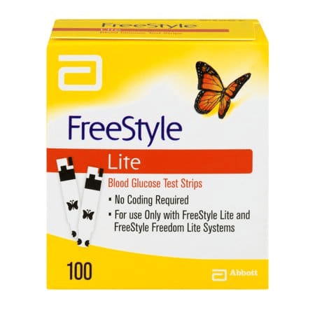 A yellow box of FreeStyle Lite Blood Glucose Test Strips, featuring two test strips, a butterfly image, and a note that coding is not required. Contains 100 strips by Abbott.