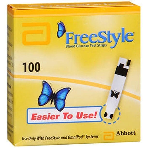 A yellow box of FreeStyle Blood Glucose Test Strips by Abbott. The box displays a blue butterfly and a test strip, indicating it contains 100 strips and has "Easier To Use!" written on it.