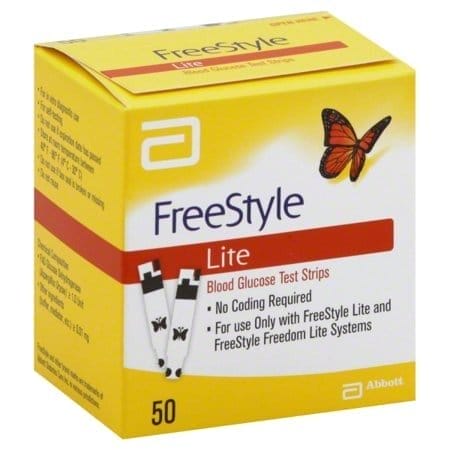 Image of a box of FreeStyle Lite Blood Glucose Test Strips. The box is yellow and red with a butterfly logo and contains 50 test strips. It indicates "No Coding Required" and is for specific FreeStyle systems.