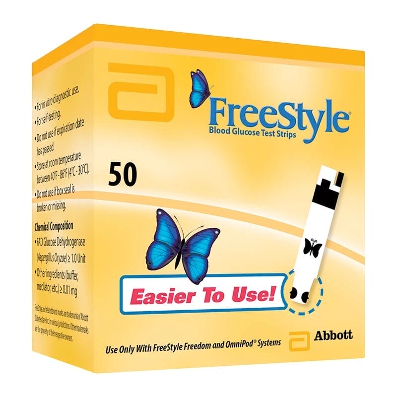 A yellow box of FreeStyle Blood Glucose Test Strips by Abbott, featuring a blue butterfly illustration and the text "Easier To Use!" Contains 50 test strips.