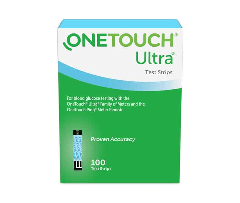 Box of OneTouch Ultra test strips for blood glucose testing, containing 100 strips, with text describing compatibility and proven accuracy.