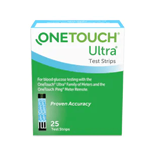 A box of OneTouch Ultra Test Strips for blood glucose testing, containing 25 test strips, with a green and white design and text highlighting "Proven Accuracy.