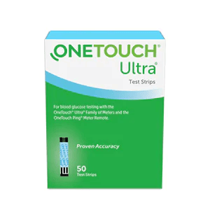 A box of OneTouch Ultra Test Strips, used for blood glucose testing. The box contains 50 test strips and features a blue and white design with product information printed on it.