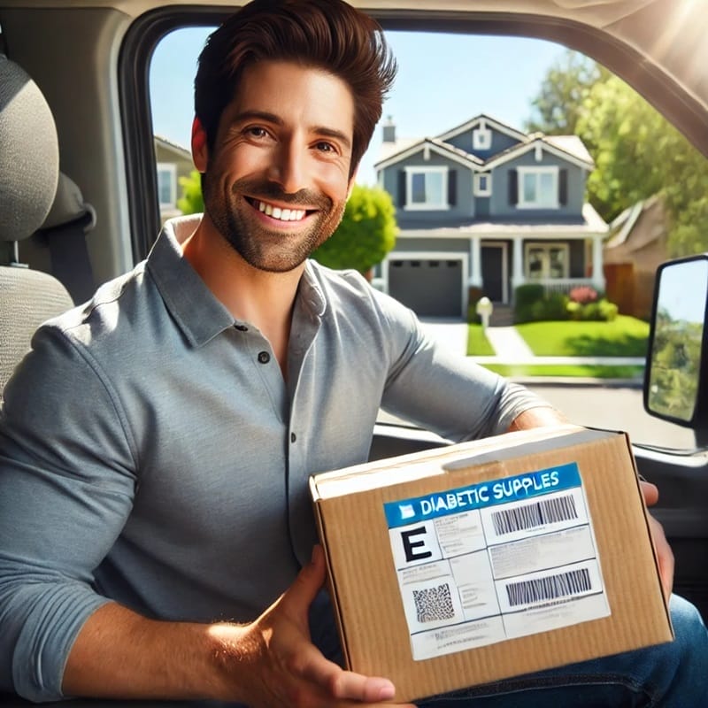 Man sitting in a vehicle, smiling, and holding a package labeled "Diabetic Supplies." A house and garden are visible through the open door.