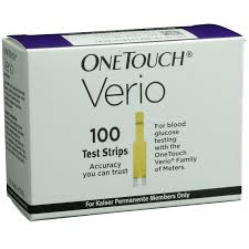 A box of OneTouch Verio blood glucose test strips. The box states it contains 100 test strips and mentions it is for Kaiser Permanente members only.