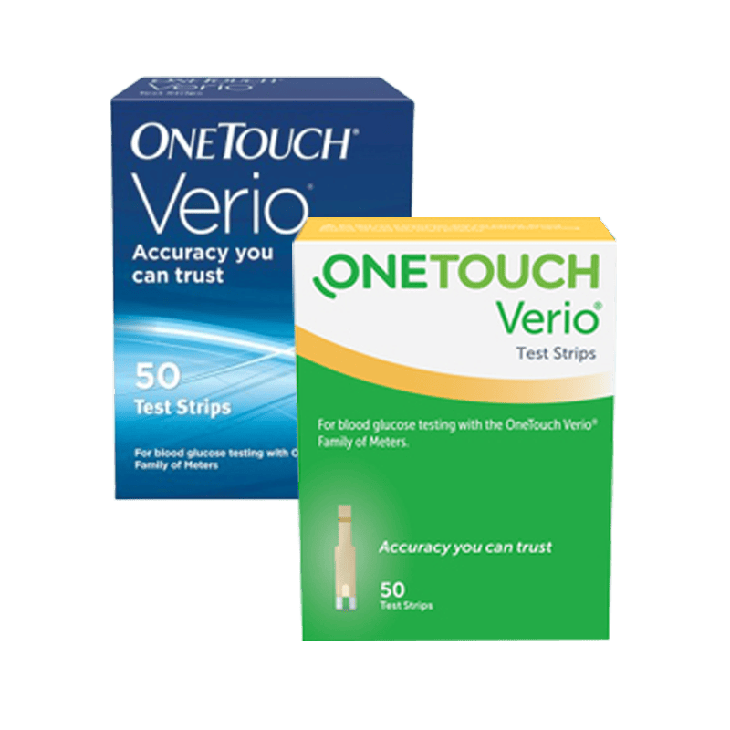 Two boxes of OneTouch Verio test strips for blood glucose testing, one blue with 50 strips and one green with 50 strips. Both boxes display the slogan "Accuracy you can trust.